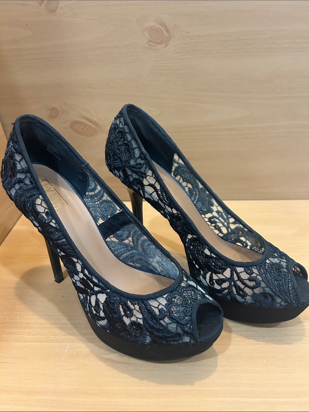 Mix No. 6 Black Lace Peep-Toe Heels